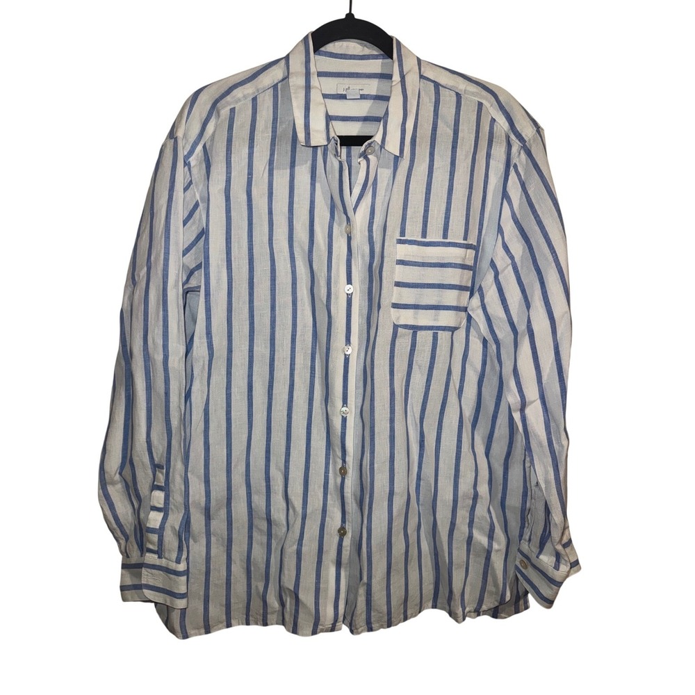 J. Jill Love Linen Striped Button Down Shirt Blue White Medium Long Sleeve